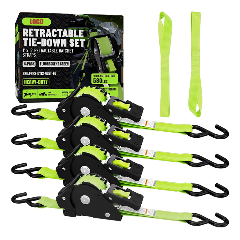 retractable ratchet straps tie down with S hook 1” x 12' x 1800 LBS retractive ratchet straps tie down with S hook